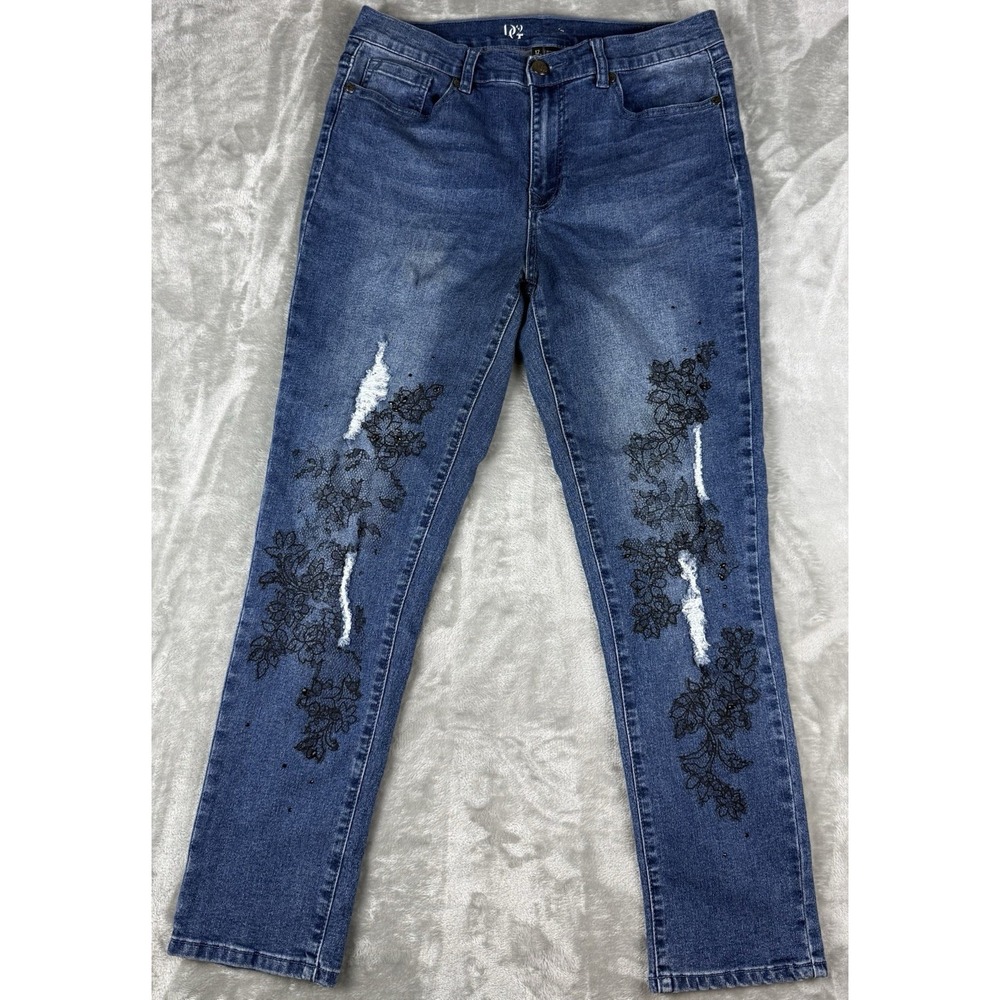 D2 Women's Distressed Floral Lace Jeans Size 12 Blue Stretch Denim